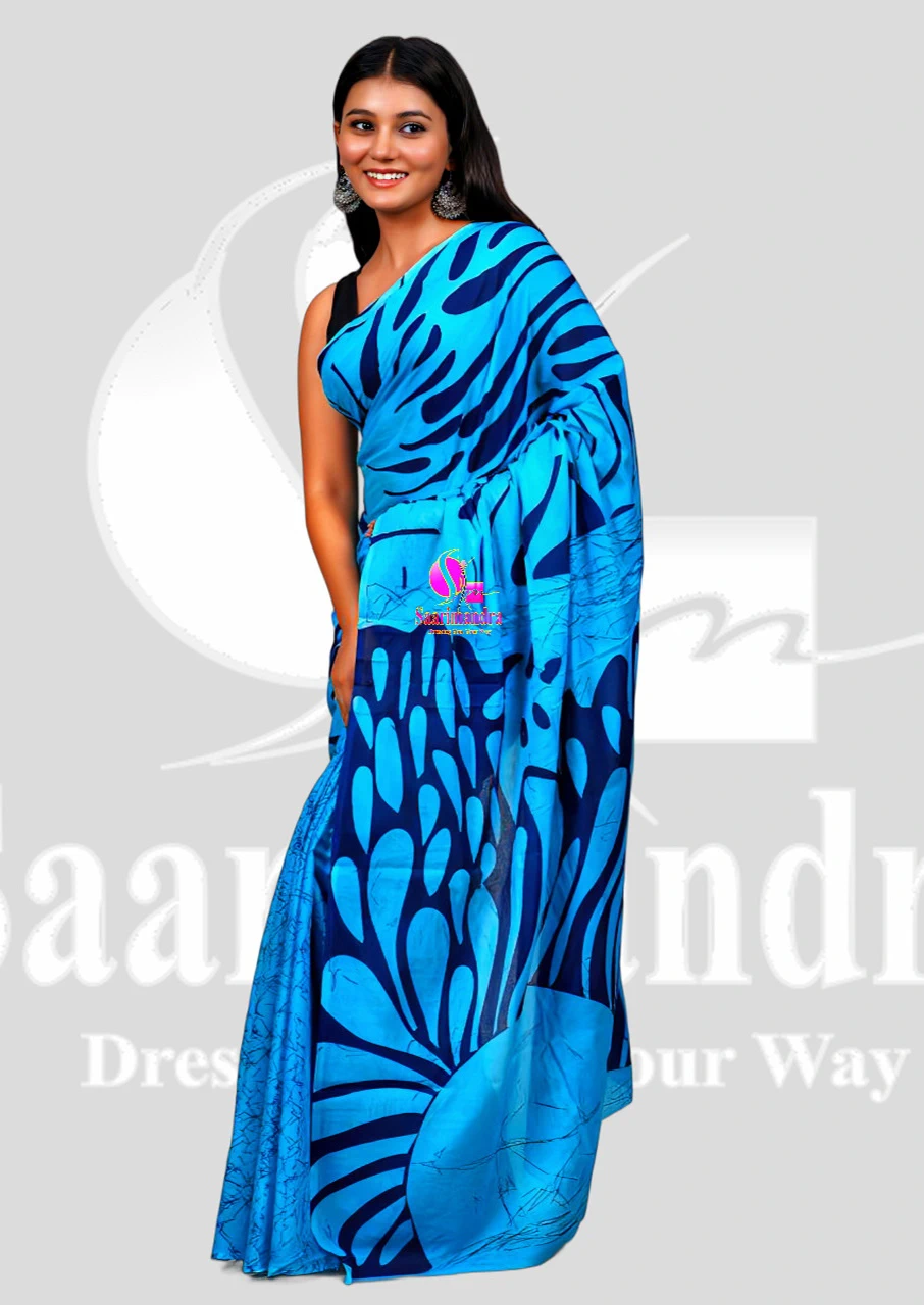 Batik Indian Premium Elegant Light Blue & Navy Batik Patterned Cotton Saree